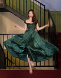 Charming A Line Strap Print Flower Green Satin Long Evening Dress Party Dress HZ1023
