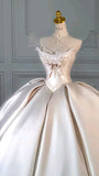 Princess Ball Gown Strapless Lace Appliques Satin Prom Dress 18th Birthday Dress Wedding Dress HZ1023