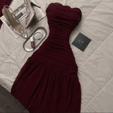 Burgundy A Line Strapless Neck Pleated Chiffon Homecoming Dress Cocktail Dress Outfits HZ1023