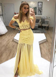 Yellow lace two pieces long prom dress, evening dress HZ1023