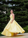 Yellow v neck satin long prom dress, simple evening dress HZ1023