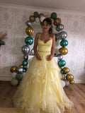 Yellow A Line Spaghetti Strap Lace Appliques Layered Organza Long Prom Dress Formal Dress HZ1023