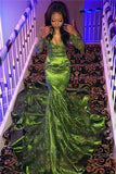Black Girl Prom Dress Cheap Long Sleeve Lace Green Prom Dresses for Juniors | Sexy V-neck Mermaid Evening Gowns HZ1023