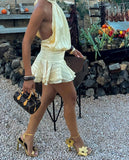 Light Champagne A Line Halter Satin Open Back Mini Homecoming Dress HZ1023