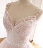 Light Pink A Line Beaded Appliques Tulle Prom Dress Evening Dress HZ1023