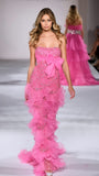 Barbie Pink Bow Stunning Sheath Ruffle Organza Sequin Long Prom Dress Evening Dress HZ1023