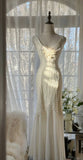 Romantic Mermaid V Neck Beaded White Chiffon Long Party Dress Evening Dress HZ1023