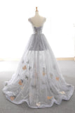 Gray A Line Sweetheart Appliques Tulle Long Prom Dress Evening Dress HZ1023