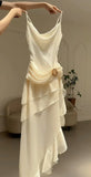 Elegant Sheath Spaghetti Strap Ruffle Ivory Chiffon Prom Dress Evening Dress HZ1023