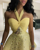 Yellow Exquisite A Line Halter Rhinestone Tulle Short Homecoming Dress Date Dress Cocktail Dress HZ1023