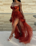 Elegant Rust Tiered Ruffles Tulle Prom Dress HZ1023