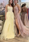 Yellow tulle lace long prom dress evening dress HZ1023