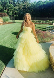 Yellow tulle long A line prom dress evening dress HZ1023