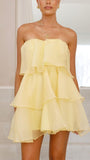 Cute A Line Strapless Yellow Tiered Organza Short Homecoming Birthday Dress Cocktail Dresses HZ1023