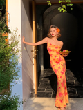 Sexy Sheath Spaghetti Straps Orange Print Floral Satin Long Prom Dress Outfits HZ1023
