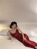 Simple Burgundy Sheath Spaghetti Strap Satin Party Dress Evening Dress HZ1023