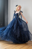 Star Sequin Navy Blue A Line Straps Layered Tulle Date Dress Prom Dress Evening Dress HZ1023