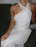 Elegant Sheath One Shoulder White Chiffon Long Prom Dress Evening Dress HZ1023