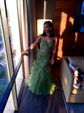 Charming Green Strapless Lace Appliques Mermaid Formal Prom Dress Evening Dress HZ1023