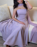 Lilac A Line Strapless Beaded Satin Long Prom Dress Evening Dress HZ1023