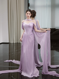 Gentle Purple A Line Off the Shoulder Pleated Satin Prom Dress Evening Dress HZ1023