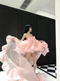 Cute A Line Strapless Floral Pink Organza Long Sweep Prom Dress Party Dress HZ1023
