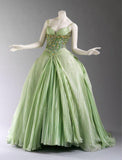 Vintage Ball Gown A Line Spaghetti Strap Beaded Pleated Green Tulle Party Dress Evening Dress HZ1023