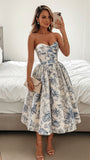 Blue Print Floral A Line Sweetheart Neck Satin Homecoming Dress Wedding Guest Dress HZ1023