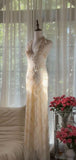 Elegant Sheath Halter Beaded Ivory Chiffon Open Back Party Dress Evening Dress HZ1023
