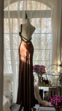 Sexy Mermaid Halter Brown Satin Long Open Back Party Dress Evening Dress HZ1023