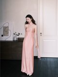 Elegangt Simple Pink A Line Spaghetti Straps Pleated Satin Prom Dress Party Dresses HZ1023