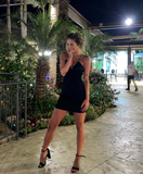 Sexy Sheath Halter Black Satin Short Homecoming Dress Evening Dress HZ1023