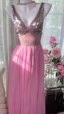 Shiny Pink Beaded Silver Sequin V Neck Chiffon Date Dress Evening Dress Wedding Guest Dress HZ1023