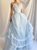 Baby Blue A Line Sweetheart Neck White Lace Chiffon Long Prom Dress Party Dress HZ1023