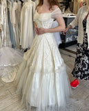 Vintage Wedding Dress A Line Off the Shoulder Lace Tulle Long Prom Dress HZ1023