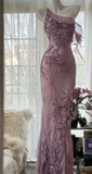 Purple Sheath One Shoulder Beaded Chiffon Long Prom Dress Graduation Prom Dress HZ1023
