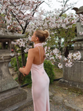 Elegant Mermaid Light Pink Satin Open Back Long Prom Dress Evening Dress HZ1023