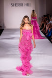 Barbie Pink Bow Stunning Sheath Ruffle Organza Sequin Long Prom Dress Evening Dress HZ1023