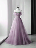 A-line Off-the-shoulder Appliques Tulle Long Evening Dress Prom Dress HZ1023