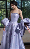 Romantic Purple A Line Strapless Appliques Satin Long Evening Dress Gown Dress HZ1023