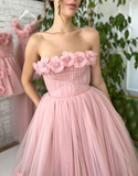 Beautiful Pink Princess Strapless Prom Dress with Flowers HZ1023
