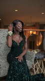 Dark Green Sequins Long Evening Dress Mermaid Prom Dress HZ1023