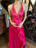 Barbie Pink Retro Mermaid Halter Beaded Ruffle Satin Party Dress Evening Dress HZ1023