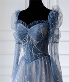 Elegant Blue Tulle Beaded Fairy Ball Gown Long Prom Dress Quinceanera Dress HZ1023
