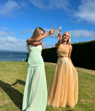 Mint Green A Line Sweetheart Neck Satin Chiffon Long Prom Dress Evening Dress HZ1023