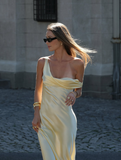 Elegant Light Yellow A Line Strap Satin Long Prom Dress Evening Dress HZ1023