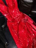 Sexy A Line V Neck Red Flower Sequin Satin Long Prom Dress Party Dress HZ1023