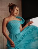 Unique A Line One Shoulder Blue Chiffon Long Prom Dress Evening Dress HZ1023