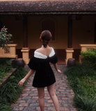 New A Line Puff Black White Satin Short Homecoming Dress Cocktail Dress HZ1023