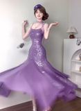 Purple Mermaid Spaghetti Strap Rhinestone Chiffon Prom Dress Vacation Dress Date Dress HZ1023